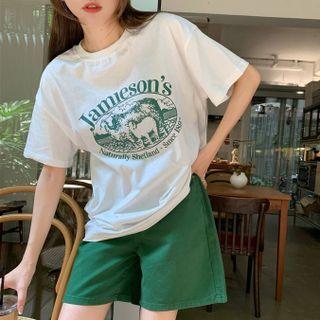 Short-sleeve Lettering Printed T-shirt / High-waist Plain Denim Shorts