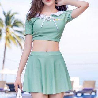 Set: Short-sleeve Dotted Swim Top + Swim Skirt