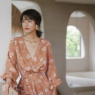 Flower Print Bell-sleeve Chiffon Playsuit
