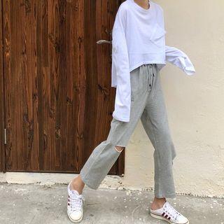 Pocketed Long-sleeve T-shirt / Cropped Drawstring Pants