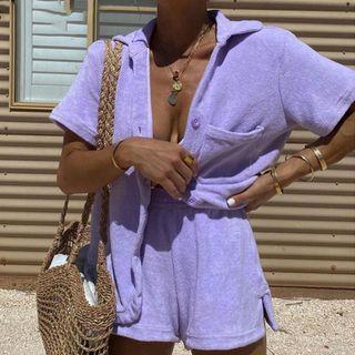 Set: Short Sleeve Furry Button-up Shirt + Shorts