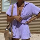 Set: Short Sleeve Furry Button-up Shirt + Shorts