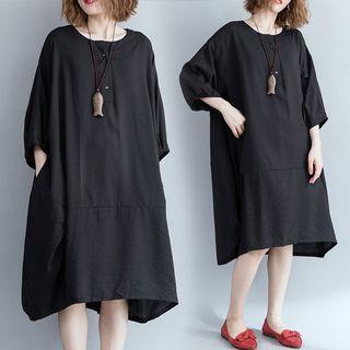 Plain Round-neck 3/4-sleeve Dress Black - F