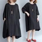 Plain Round-neck 3/4-sleeve Dress Black - F