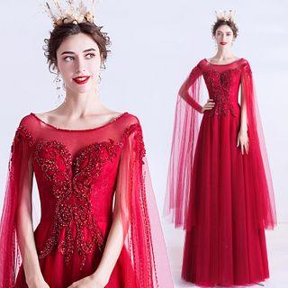 Long-sleeve Embellished A-line Evening Gown