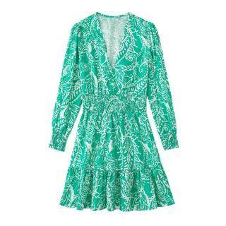 Long-sleeve V-neck Leaf Print Mini A-line Dress