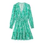 Long-sleeve V-neck Leaf Print Mini A-line Dress