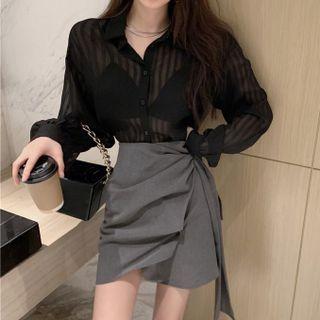Striped Shirt / Asymmetrical Mini A-line Skirt