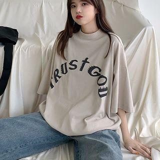 3/4-sleeve Mock Neck Lettering T-shirt As Shown In Figure - One Size