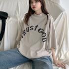 3/4-sleeve Mock Neck Lettering T-shirt As Shown In Figure - One Size