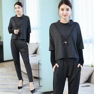 Set: Mock Two-piece Long-sleeve Top + Harem Pants