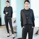 Set: Mock Two-piece Long-sleeve Top + Harem Pants