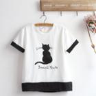 Set: Short-sleeve Cat Print T-shirt + Heart Embroidery Shorts
