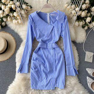 Asymmetrical Lapel Pinstripe Ruffle Dress