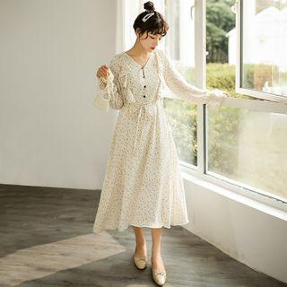Floral Print Ruffled Long-sleeve Midi A-line Dress