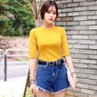 Crew-neck Elbow-sleeve Slim-fit T-shirt