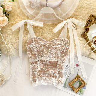 Spaghetti Strap Lace Cropped Top Khaki - One Size