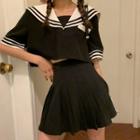 Set: Short-sleeve Sailor Collar Shirt + Mini A-line Pleated Skirt As Shown In Figure - One Size