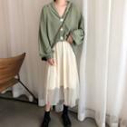 Long-sleeve Plain Blouse / Midi Mesh Skirt