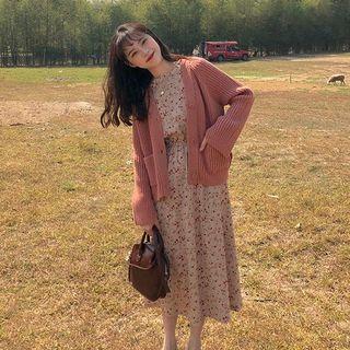 Long-sleeve Floral Print Midi A-line Dress/ Ribbed Cardigan