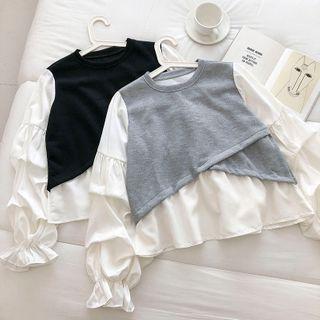 Mock Two-piece Crewneck Puff-sleeve Blouse