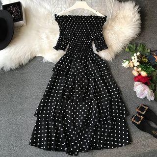 Dotted Off-shoulder Smocked Midi Layered Dress