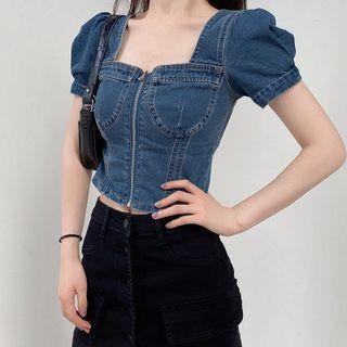 Puff-sleeve Zip-front Denim Crop Top