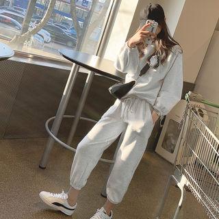 Fleece Lined Sweatshirt & Sweatpants Set Melange White - One Size