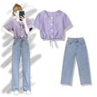 Square-neck Short-sleeve Blouse / Straight-fit Jeans