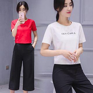 Set: Print Short-sleeve T-shirt + Wide Leg Pants