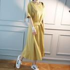 Tie-waist Long T-shirt Dress   White - One Size