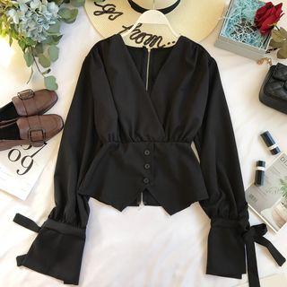 Wrap-front Bow-sleeve Blouse