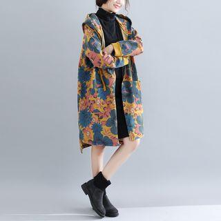 Flower Print Drawstring Hooded Jacket Yellow - One Size