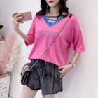 Letter Embroidered Elbow Sleeve Knit T-shirt