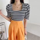 Puff-sleeve Square-neck Stripe Top