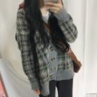Long-sleeve Houndstooth Knit Cardigan As Shown In Figure - One Size
