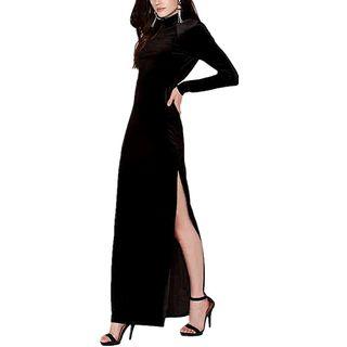 Long-sleeve Open Back Slit Evening Dress