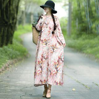 Flower Long-sleeve Maxi A-line Dress