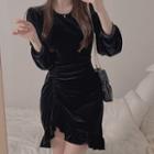 Long-sleeve Ruffle Trim Velvet Mini Sheath Dress