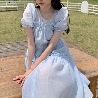 Set: Slipdress + Short-sleeve Ruffle Midi A-line Dress