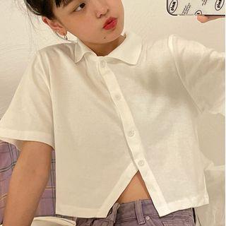 Elbow-sleeve Asymmetrical Button-up T-shirt