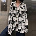 Long-sleeve Floral Checker Shirt Black & White - One Size