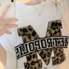 Short-sleeve Leopard Print Letter Embroidered T-shirt