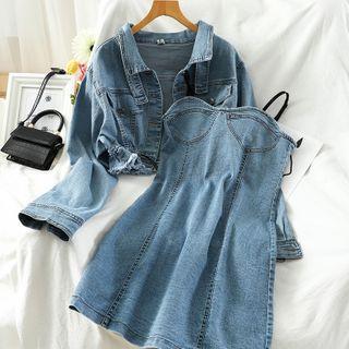 Set: Spaghetti Strap A-line Denim Dress + Denim Jacket