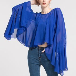 Set: Plain Bell-sleeve Chiffon Blouse + Camisole Top