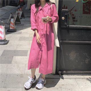 Long-sleeve Plain Midi Shirt Dress Rose Pink - One Size