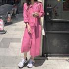 Long-sleeve Plain Midi Shirt Dress Rose Pink - One Size