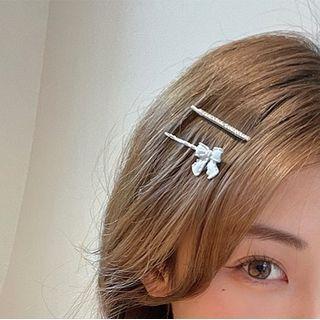 Set : Rhinestone Bow Hair Pin + Alloy Hair Pin
