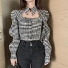 Houndstooth Cutout Button-up Blouse
