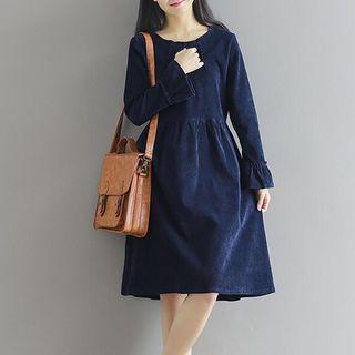 Plain Bell-sleeve Corduroy Dress
